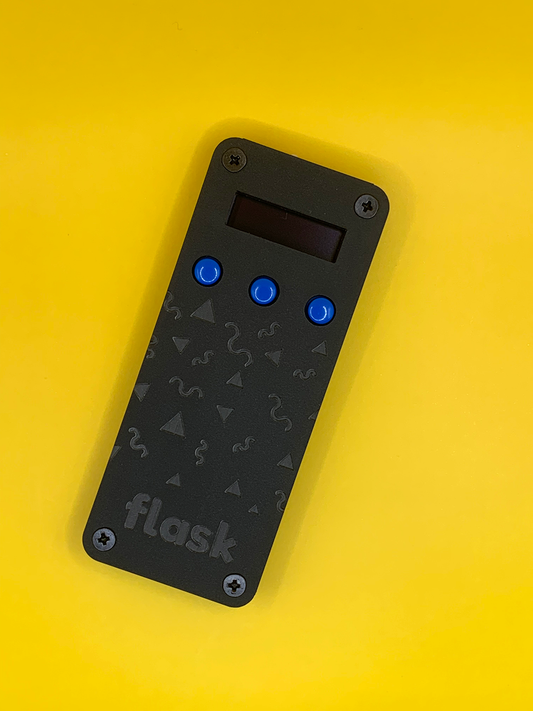 Black 90s Design Flask with Blue Buttons